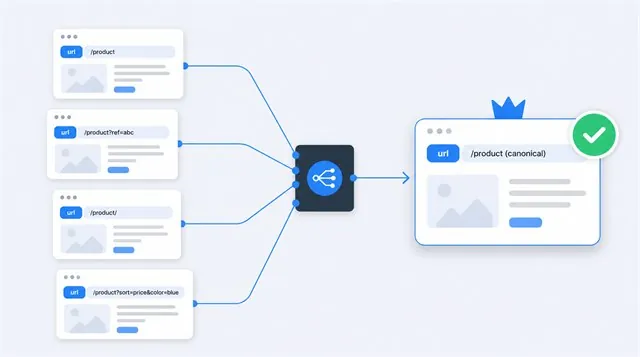 Flat illustration of several duplicate URL cards converging on one selected canonical page with a green check