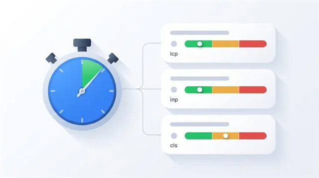 Flat illustration of a stopwatch beside three metric cards with traffic-light meter bars labeled lcp, inp and cls
