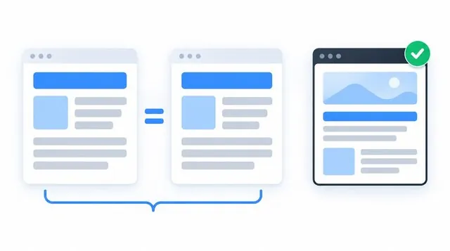Two matching page cards grouped together beside a distinct page card with a green check