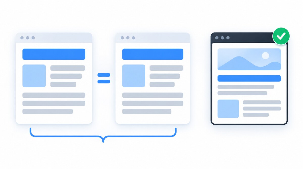 Two matching page cards grouped together beside a distinct page card with a green check