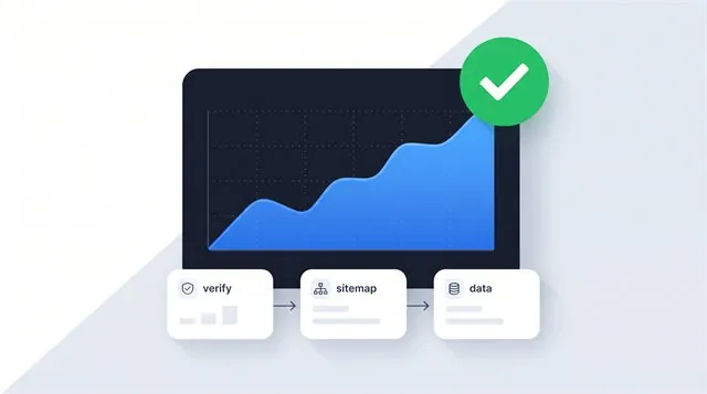 Flat illustration of Google Search Console setup: dark dashboard with a rising chart, a green verified checkmark and verify, sitemap and data steps
