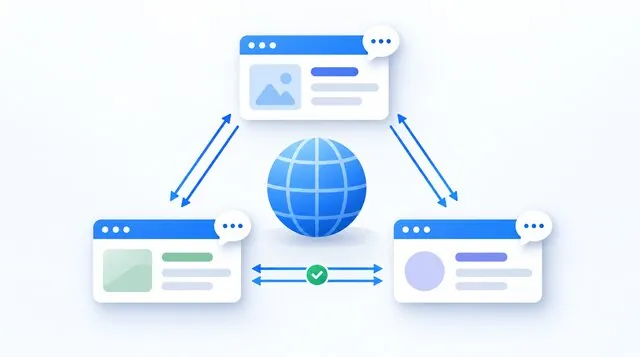 Three language-version page cards connected by reciprocal arrows around a blue globe