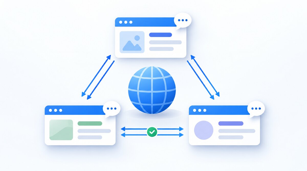 Three language-version page cards connected by reciprocal arrows around a blue globe