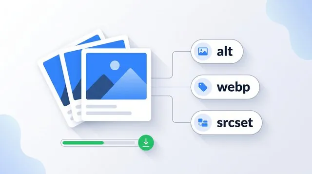 A fanned stack of photo cards connected to alt, webp and srcset tags above a green file-size gauge
