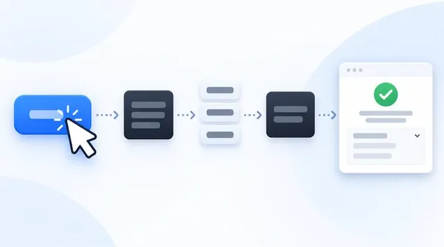 A button click passes through separated processing blocks to a responsive interface