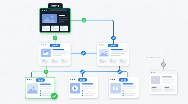 Flat illustration of website pages connected through a logical internal-link structure, with one isolated orphan page