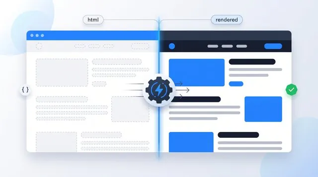 A browser window split between an empty HTML skeleton and the fully rendered page, joined by a rendering gear