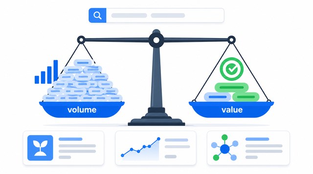 A balance scale comparing many keyword ideas labeled volume with a few selected opportunities labeled value