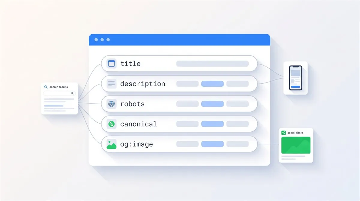 Diagram of SEO meta tags in an HTML head section: title, description, robots, canonical and og:image mapped to search, mobile and social previews