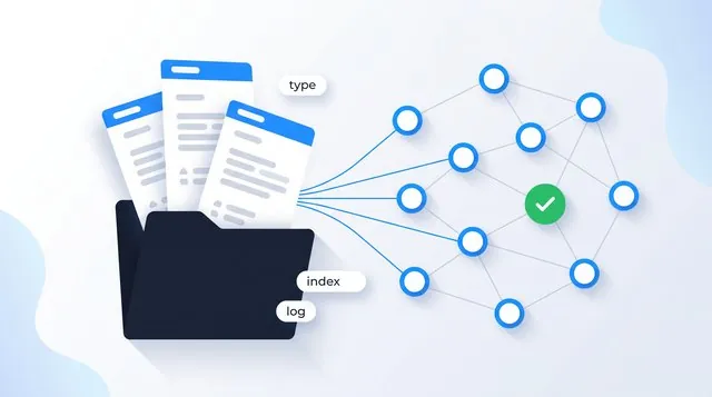 Markdown file cards rising from a folder, wired by thin lines to a graph of connected knowledge nodes