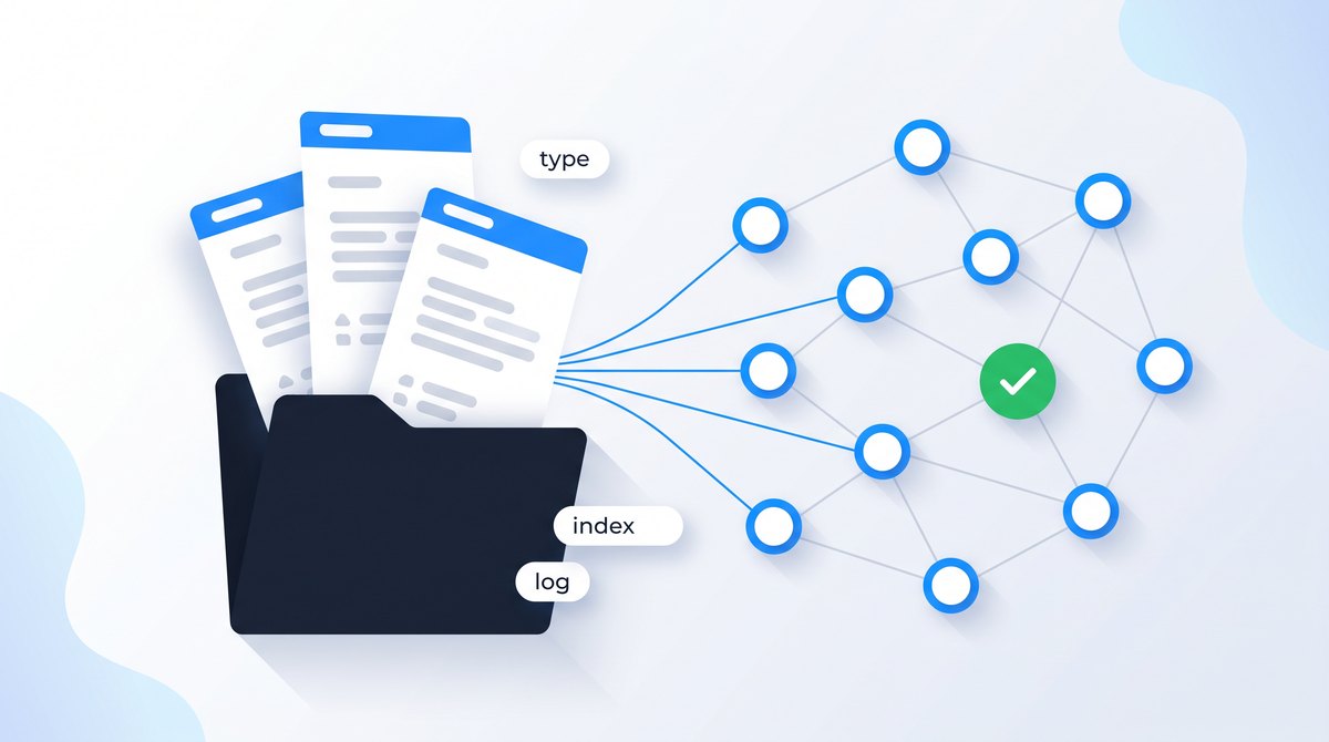 Markdown file cards rising from a folder, wired by thin lines to a graph of connected knowledge nodes