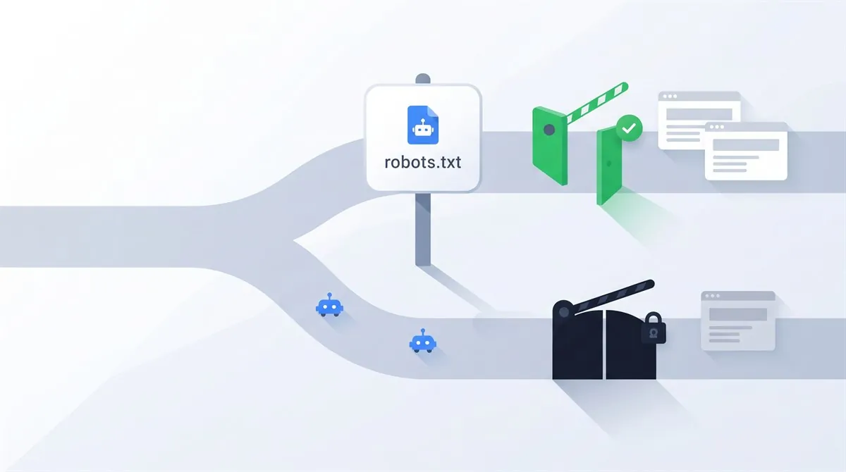 Flat illustration of a robots.txt signpost at a forked path where crawler bots face an open green gate and a locked dark gate