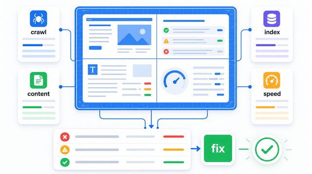 Website audit board connecting crawl, index, content and speed checks to a prioritized fix list