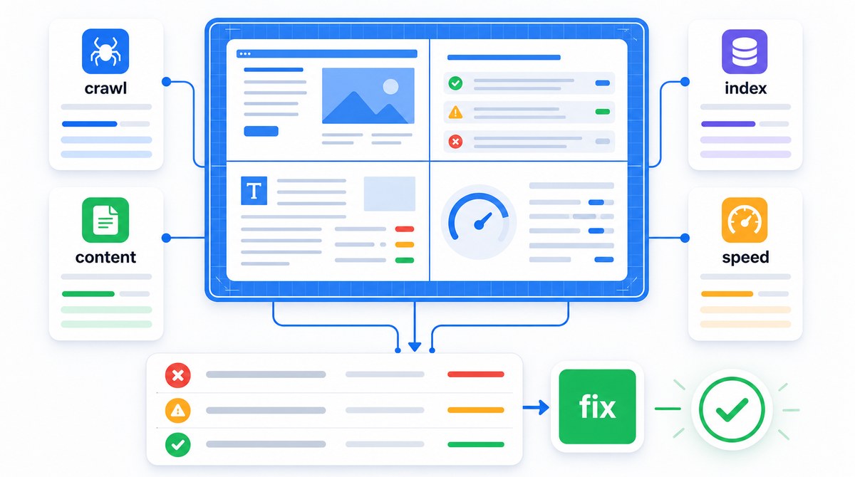 Flat website audit board connecting crawl, index, content and speed checks to a prioritized fix list