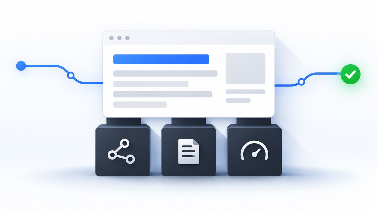 A website supported by three foundation blocks representing crawl access, indexing and performance
