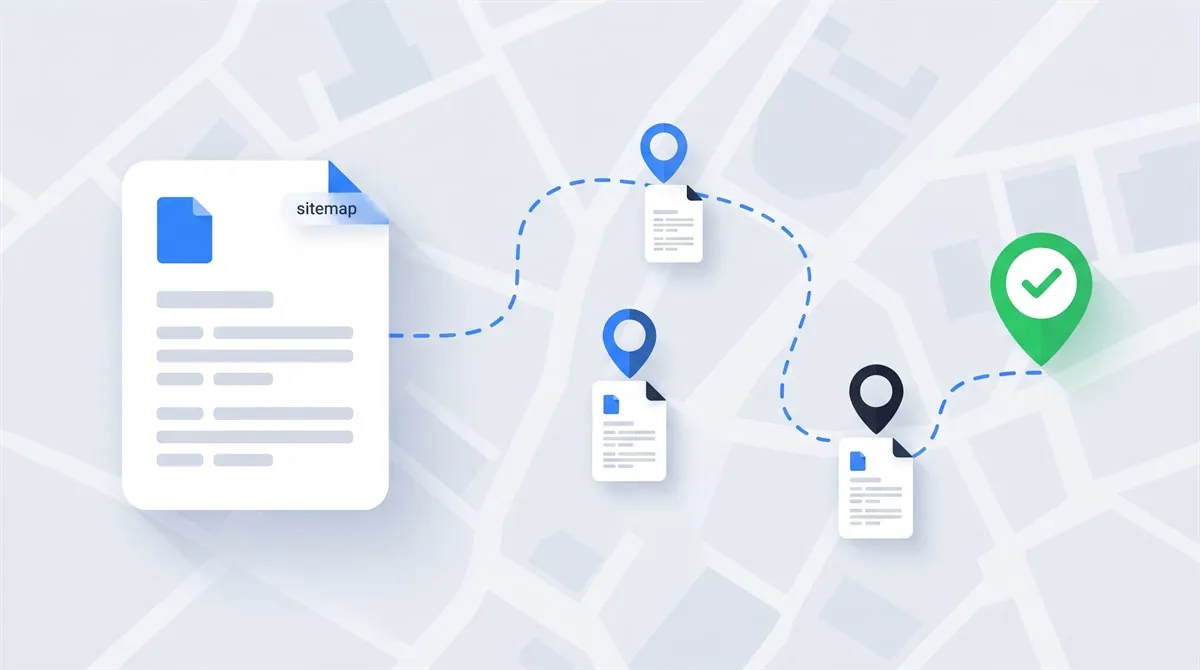 Flat illustration of a sitemap file connected by a dashed route across a map to page pins, ending at a green checkmark pin