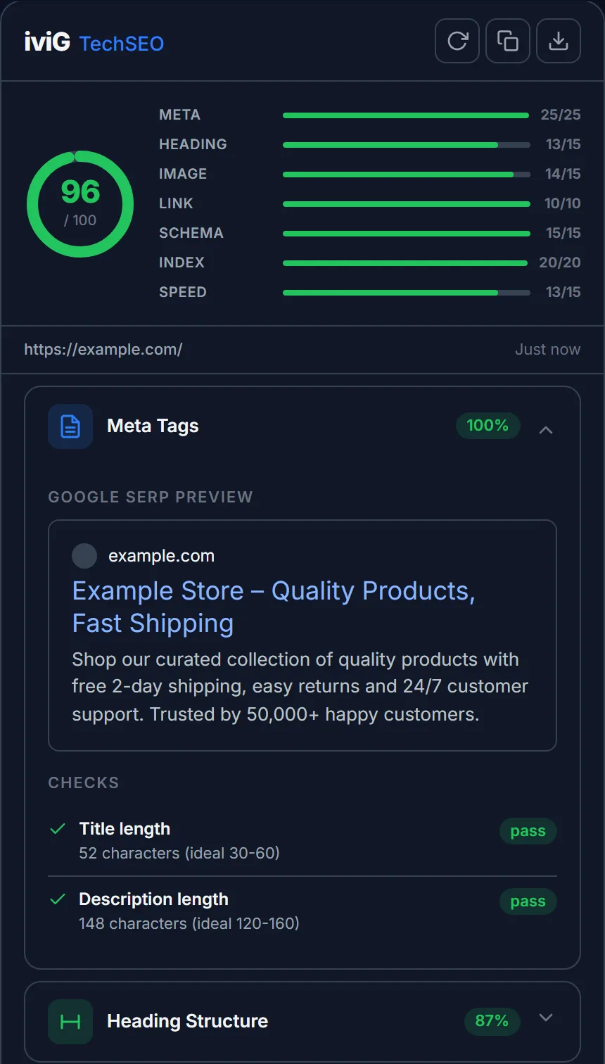 TechSEO Inspector side panel with per-check score bars, a Google SERP preview and passing meta tag checks