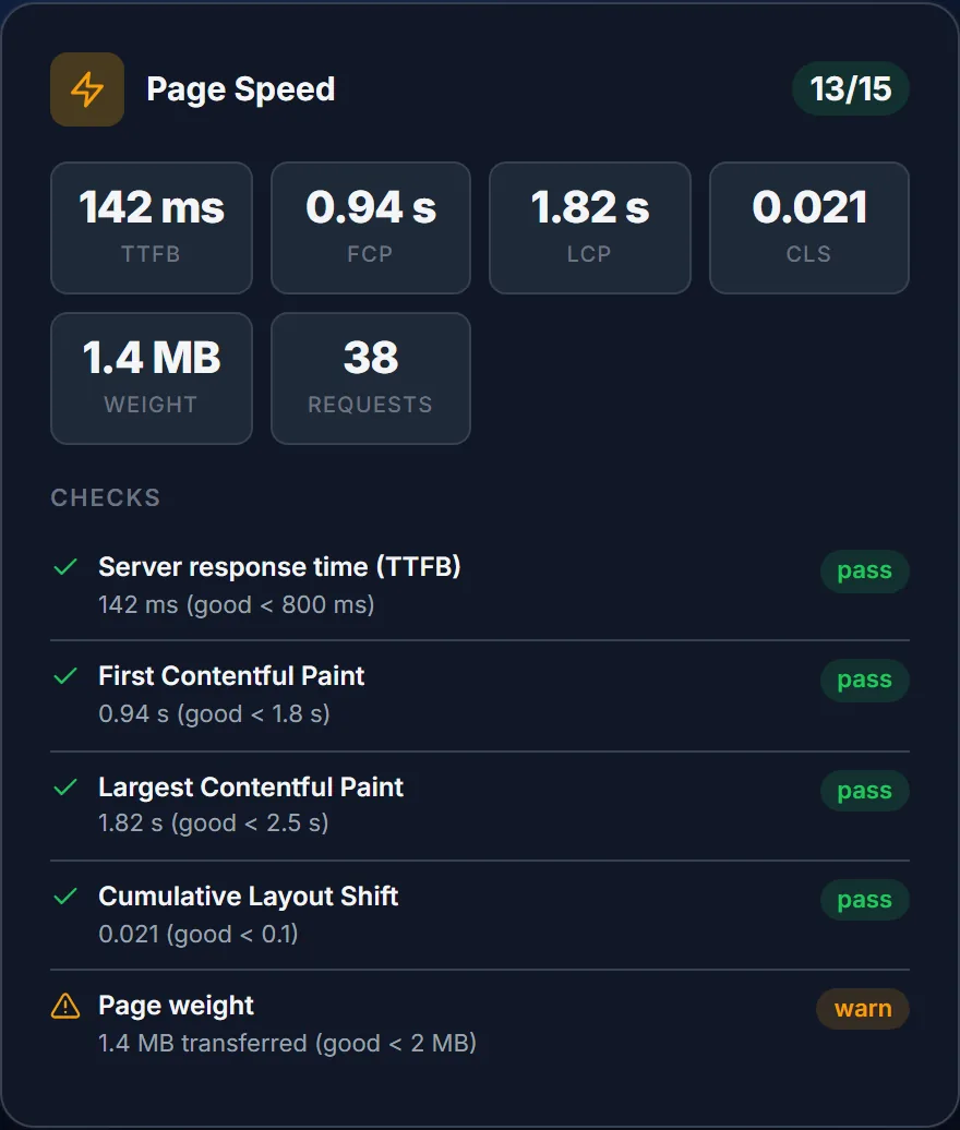 Page Speed module showing TTFB, FCP, LCP and CLS values with pass and warn results graded against Google's thresholds